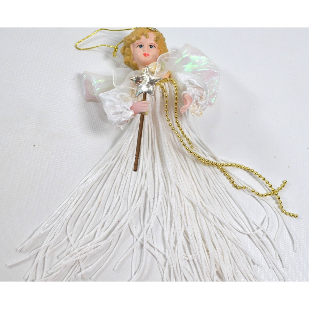 Vintage Angel Hanging Ornament Porcelain Face Fringe Body Iridescent Foil Wings